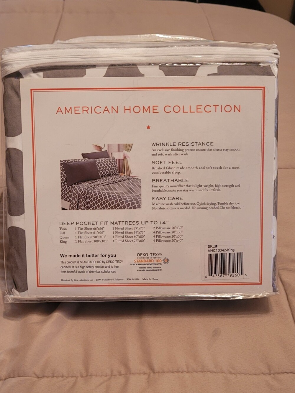 American Home Collection - Gray Geometric Deep Pocket King Sheet Set of 6